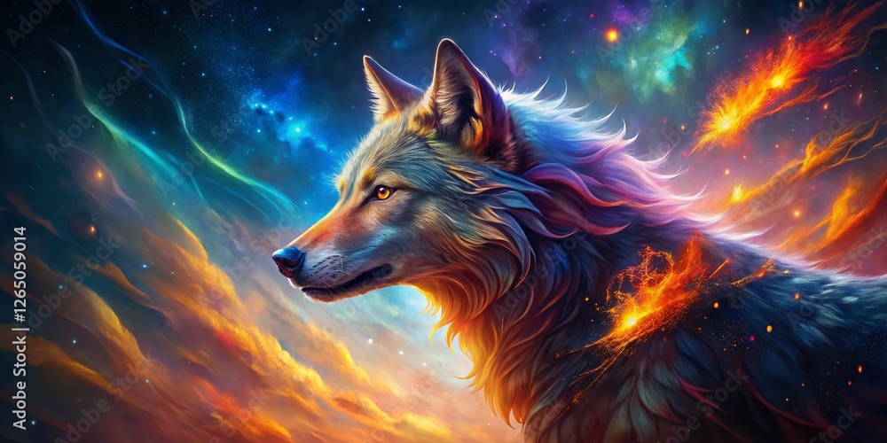 Mystical Fiery Wolf Celestial Portrait: Digital Art with Copy Space Mystical Fiery Wolf Celestial Portrait: Digital Art with Copy Space
