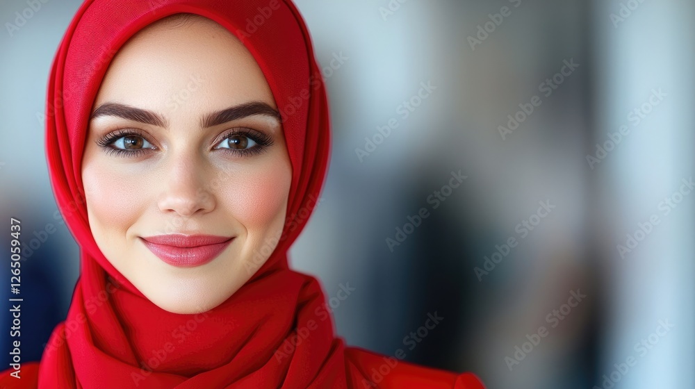 Woman red hijab portrait, office background Woman red hijab portrait, office background