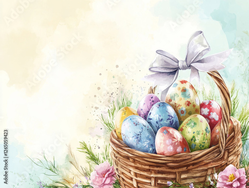 Watercolor Easter Basket with Decorated Eggs and Flowers  
