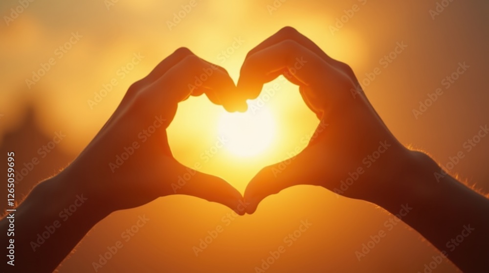 A creative shot of hands forming a heart shape against a bright sun flare