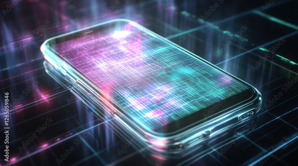 An overhead view of a sophisticated smartphone integrated with an animated holographic grid. The grid pulsates with light indicating active monitoring while data streams cascade around An overhead view of a sophisticated smartphone integrated with an animated holographic grid. The grid pulsates with light indicating active monitoring while data streams cascade around