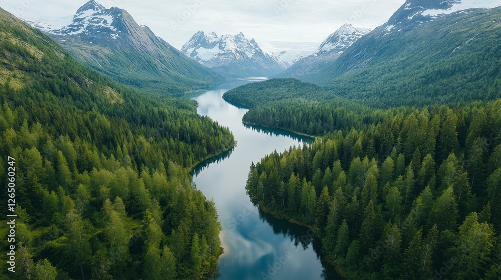 Fototapeta premium Mystical river winding through lush forested mountains reflects serene clouds above. Generative AI
