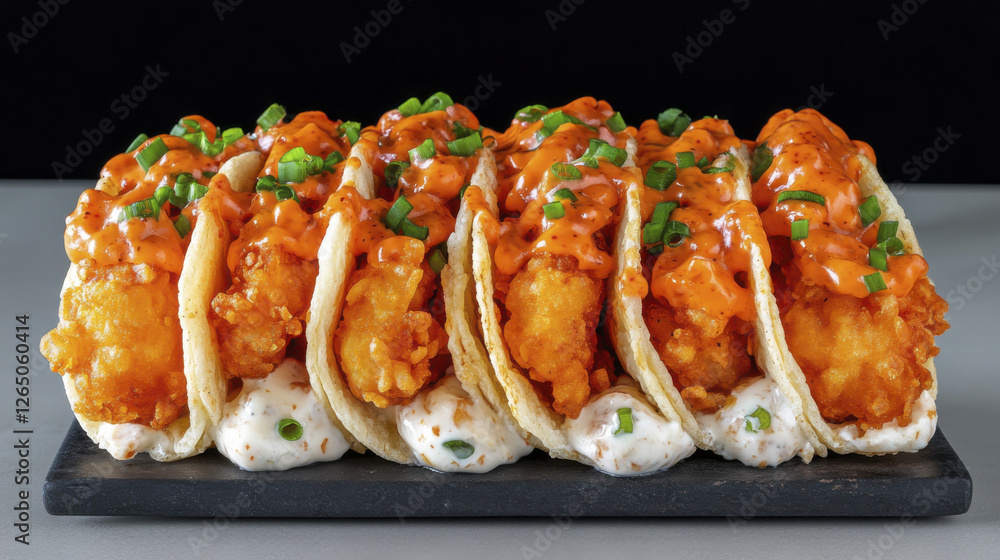Crispy fish tacos topped with spicy sauce and green onions, served on platter Crispy fish tacos topped with spicy sauce and green onions, served on platter