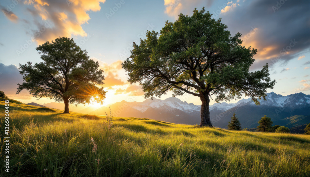 Majestic Sunset Landscape with Two Trees Majestic Sunset Landscape with Two Trees