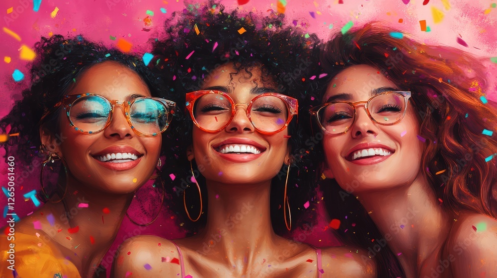 Obraz premium Three joyful friends in denim jackets revel amidst colorful confetti against a pink backdrop