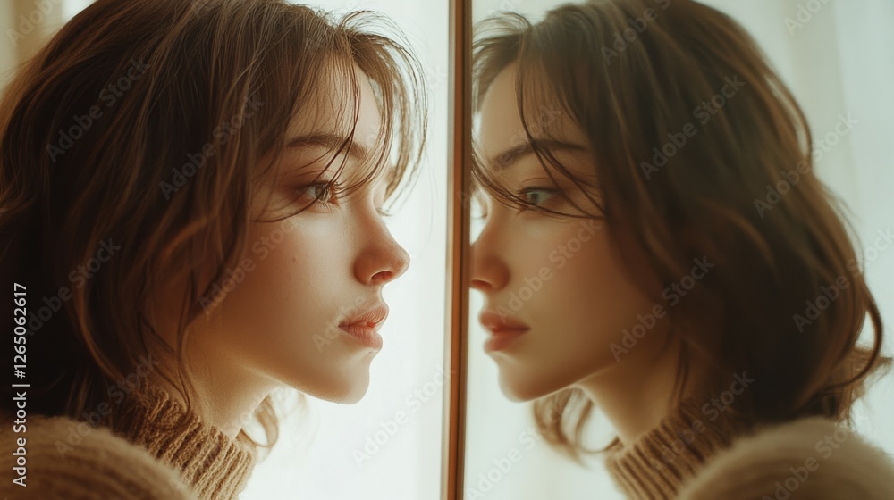 A young woman gazes into a mirror, her reflection soft and contemplative, blending with warm sunlit tones. A young woman gazes into a mirror, her reflection soft and contemplative, blending with warm sunlit tones.