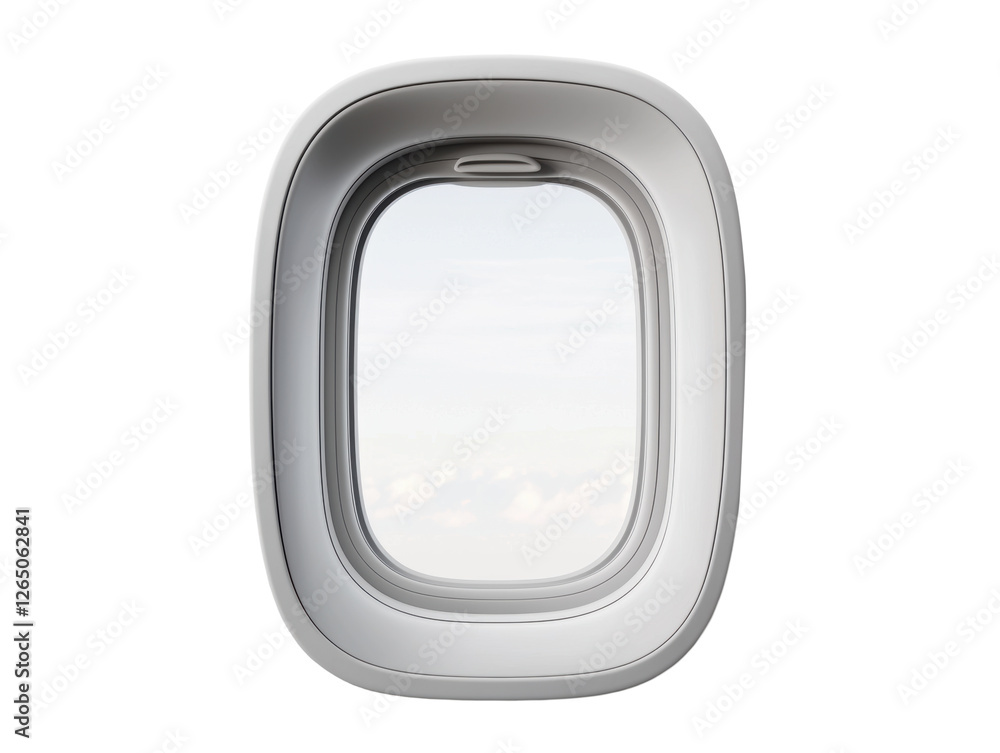 Obraz premium Airplane window view with soft clouds against a light blue sky, ideal for travel and aviation themes. transparent PNG