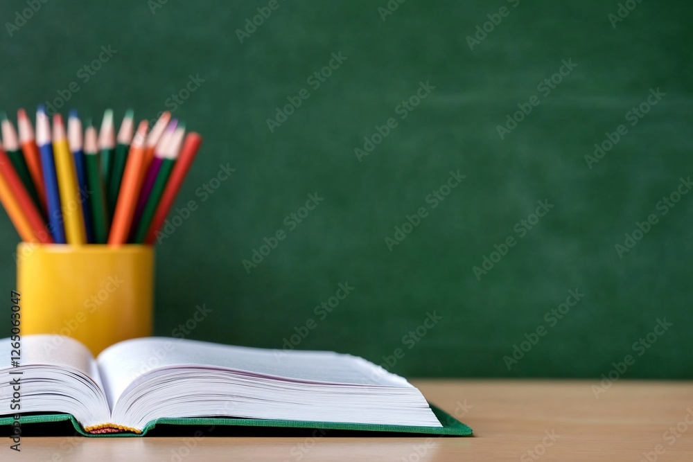 Open book and colorful pencils on desk with green board background for education Open book and colorful pencils on desk with green board background for education