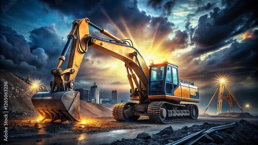 Night Construction: Excavator Loader Backhoe Digging at Night Site Night Construction: Excavator Loader Backhoe Digging at Night Site