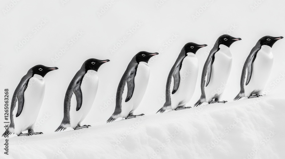 Obraz premium Six penguins in a neat line atop snowy terrain, embodying unity and resilience in a stark icy landscape.