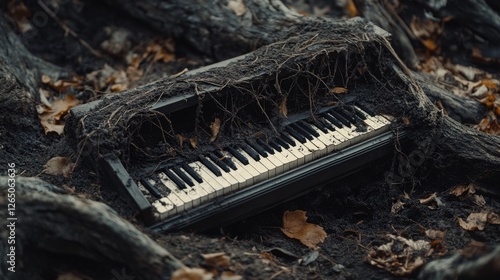 An abandoned piano overgrown with roots and leaves lays forgotten in the woods, echoing nature's reclamation and a haunting, silent melody. photo