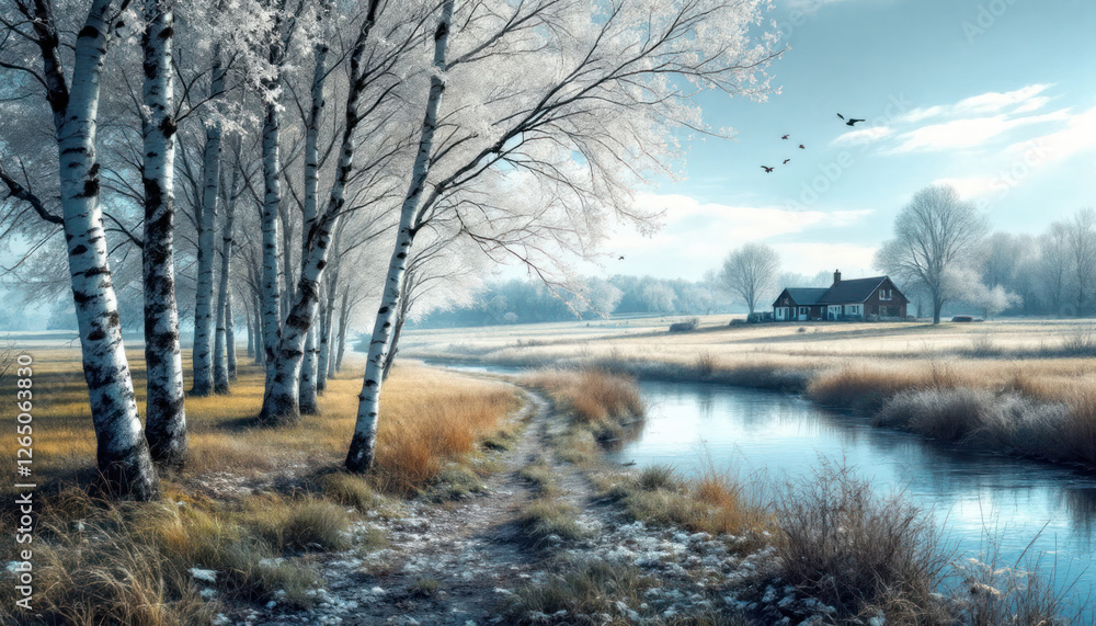 Winter Wonderland: Serene River, Birch Trees, and a Cozy Cottage Winter Wonderland: Serene River, Birch Trees, and a Cozy Cottage