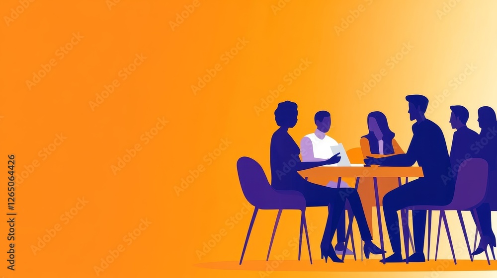 Silhouetted group of diverse professionals engaged in a collaborative meeting against a vibrant orange backdrop Silhouetted group of diverse professionals engaged in a collaborative meeting against a vibrant orange backdrop