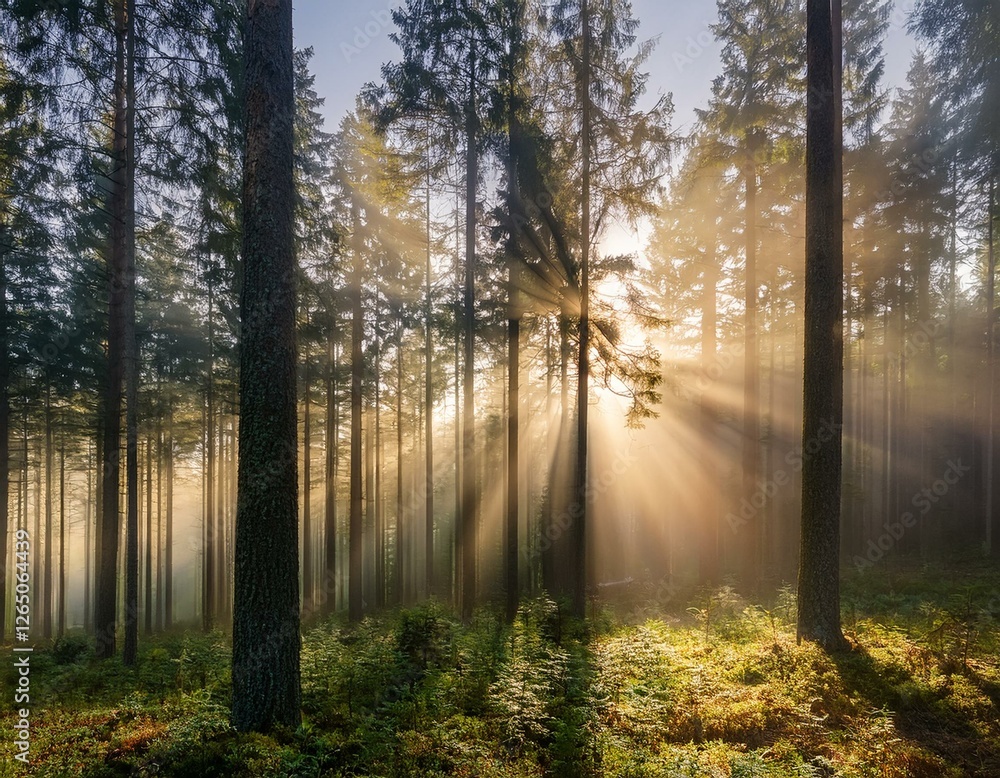 A mysterious and tranquil forest enveloped in soft morning mist, with rays of sunlight piercing through tall pine trees. The ethereal glow enhances the peaceful and dreamlike atmosphere. Nature A mysterious and tranquil forest enveloped in soft morning mist, with rays of sunlight piercing through tall pine trees. The ethereal glow enhances the peaceful and dreamlike atmosphere. Nature