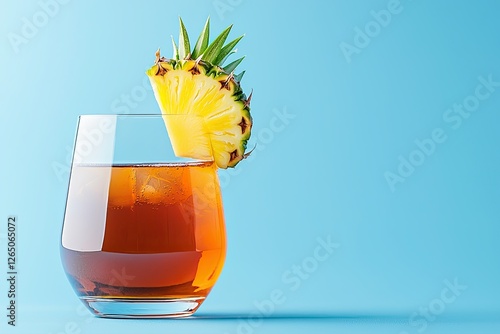 Tropical Drink with Pineapple Garnish on Blue Background photo