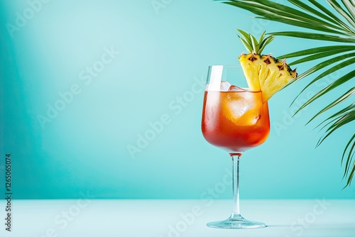 Tropical Cocktail with Pineapple Garnish and Palm Leaf photo