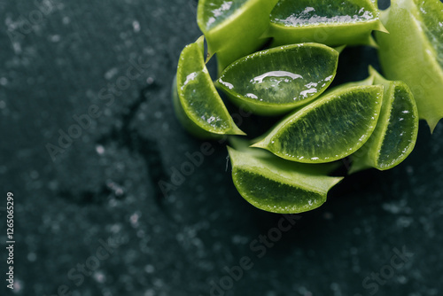 Freshly cut aloe vera slices with gel on a dark textured background. Natural skincare, hydration, and health remedy concept. Macro close-up of succulent plant extract