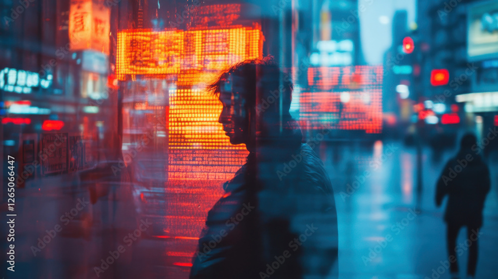 Silhouette of man reflected in illuminated neon city lights on a rainy night street in an urban asian setting Silhouette of man reflected in illuminated neon city lights on a rainy night street in an urban asian setting