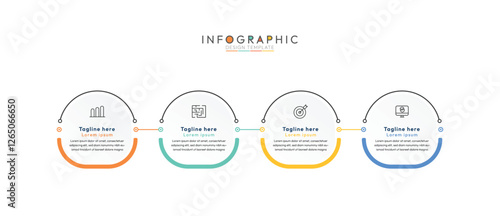 4 step circular process infographic template, four interconnected stages or steps, each represented by a distinct circular element with an icon and accompanying text. modern infographic template.