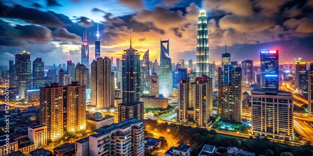 Obraz premium Night Skyline, Developing Nation, Technological Advancement, Documentary Photography