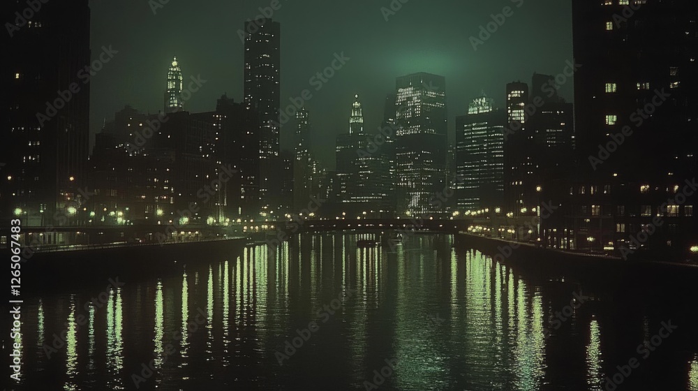 Fototapeta premium A misty city skyline at night, its luminous buildings reflected in serene river waters, evokes mystery and urban allure.