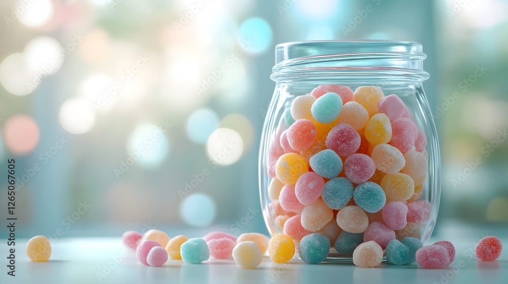 Colorful Candies in Glass Jar on Table with Soft Bokeh Background Colorful Candies in Glass Jar on Table with Soft Bokeh Background