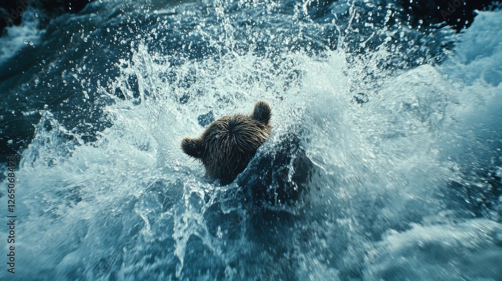 Obraz premium A bear plunges into the river, creating a spectacular splash, embodying sheer strength and playful vigor in the wilderness.