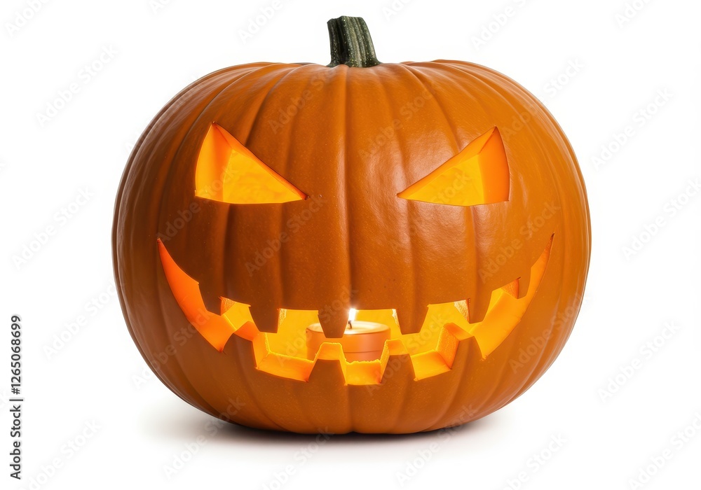 A carved pumpkin glowing with a spooky face, illuminated from within isolated on a white background A carved pumpkin glowing with a spooky face, illuminated from within isolated on a white background