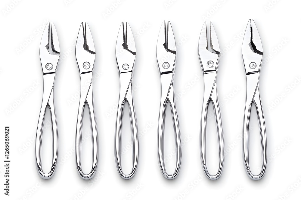 A row of six pairs of shiny, metallic pliers, displaying various designs, ideal for precision tasks and showcasing craftsmanship. A row of six pairs of shiny, metallic pliers, displaying various designs, ideal for precision tasks and showcasing craftsmanship.
