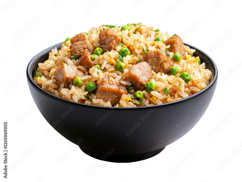 Delicious fried rice with pork and peas in a black bowl, isolated on white background. transparent PNG Delicious fried rice with pork and peas in a black bowl, isolated on white background. transparent PNG