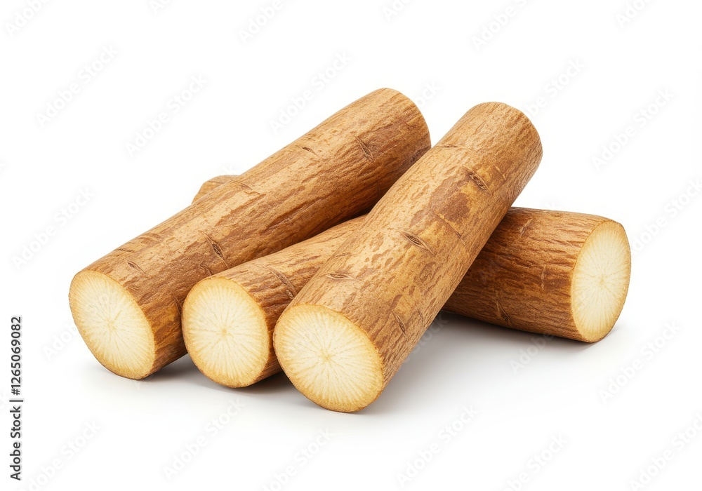Fresh burdock root pieces stacked together showcasing their natural brown texture isolated on a white background Fresh burdock root pieces stacked together showcasing their natural brown texture isolated on a white background