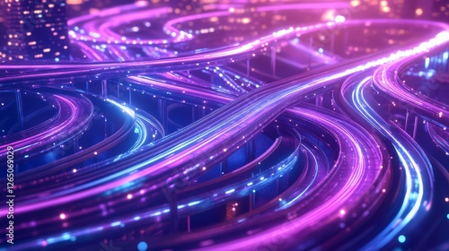Futuristic freeway with dazzling neon lights snakes through a cityscape, embodying movement, light, and urban evolution.
