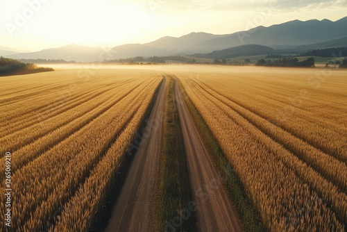 Golden fields stretch towards distant mountains as dawn breaks over the tranquil landscape
