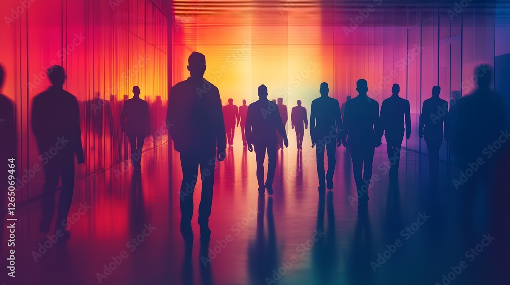 Silhouettes of People Walking Through a Vibrant Corridor Silhouettes of People Walking Through a Vibrant Corridor