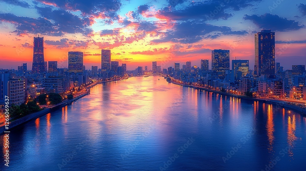 Fototapeta premium City Skyline Sunset over River at Dusk. Possible use Stock photo for cityscapes, travel, or nature