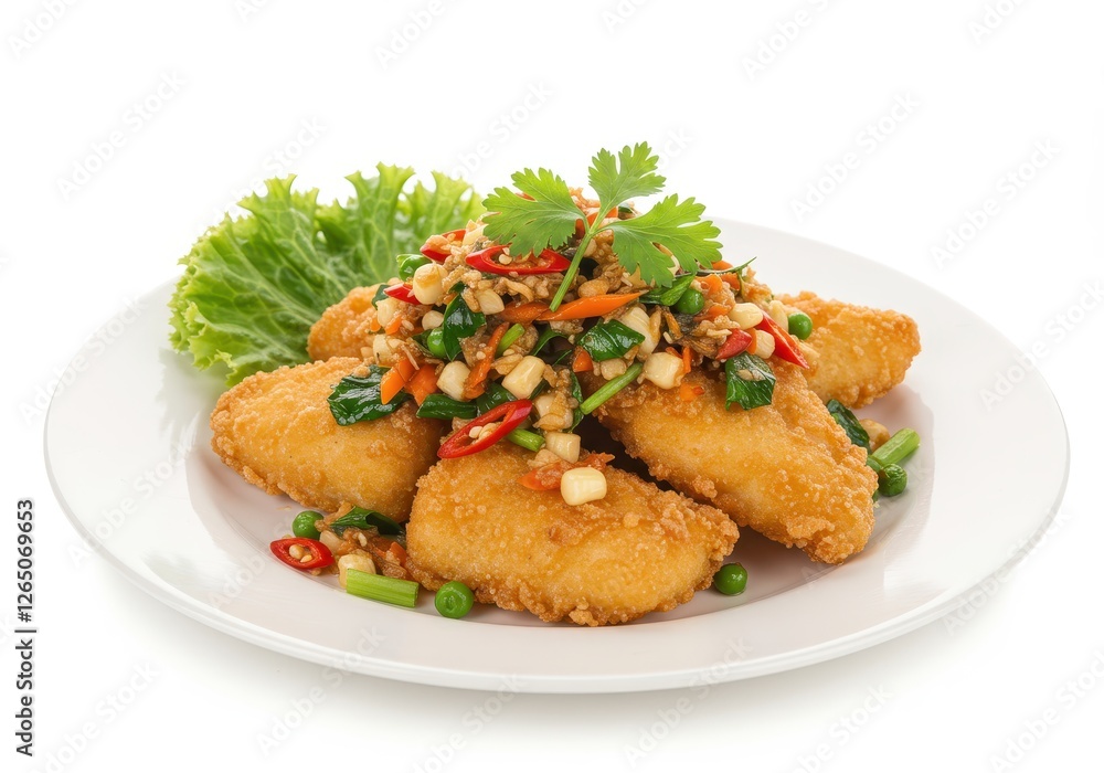 A plate of crispy fried fish pieces topped with a vibrant mix of sauted vegetables and herbs isolated on a white background A plate of crispy fried fish pieces topped with a vibrant mix of sauted vegetables and herbs isolated on a white background