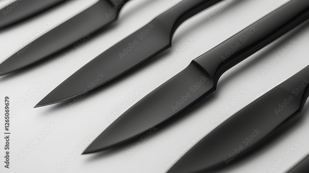 Obraz premium Sleek Black Kitchen Knives Arranged on White Surface for Culinary Use