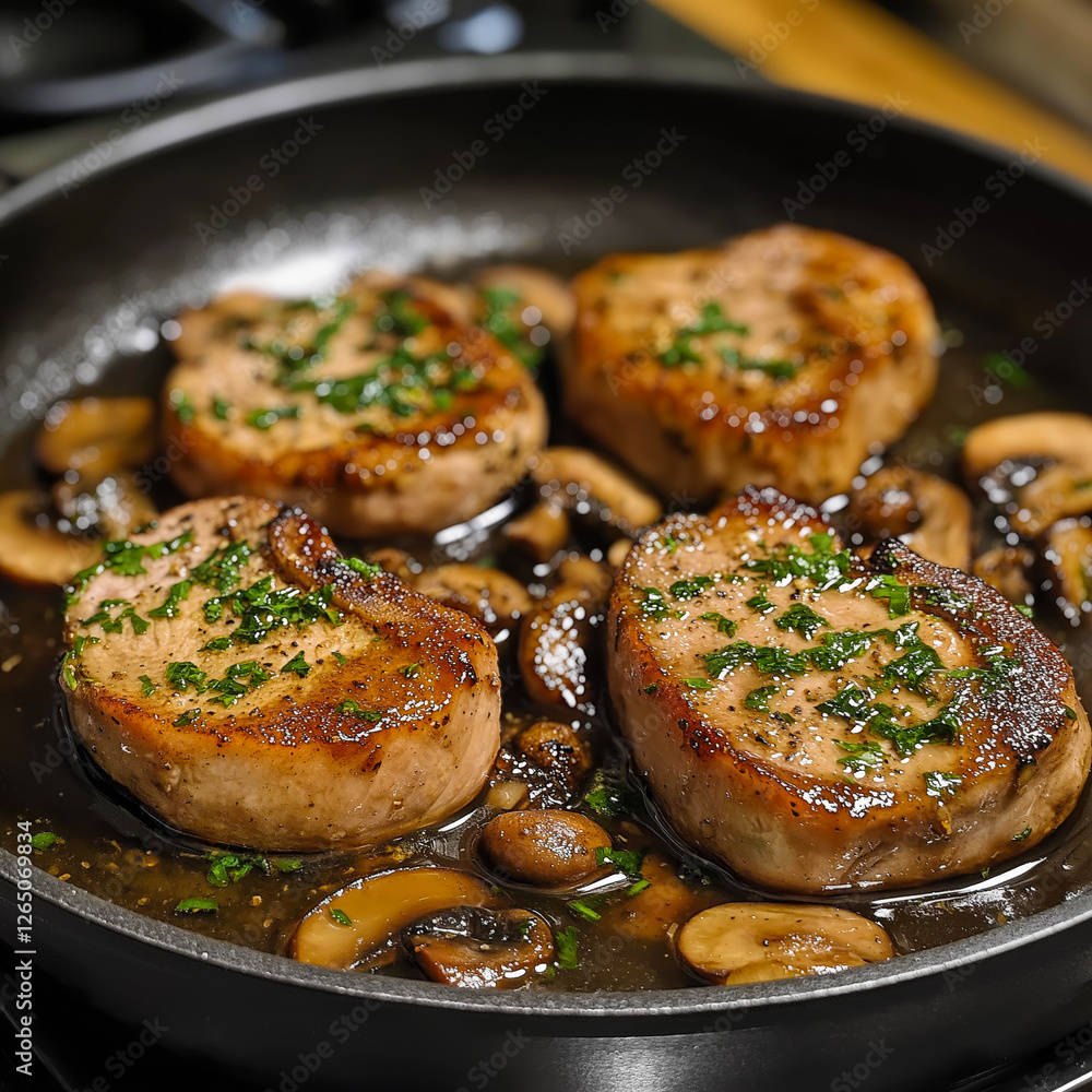 Delicious pan-seared pork chops are garnished with mushrooms and thyme, creating a mouthwatering culinary experience Delicious pan-seared pork chops are garnished with mushrooms and thyme, creating a mouthwatering culinary experience