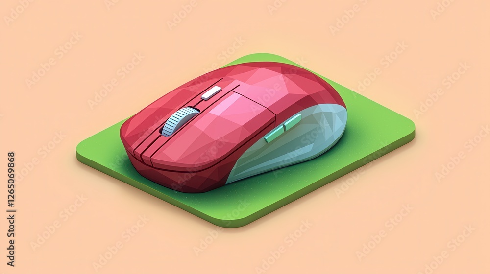 Low poly Red Wireless Computer Mouse on Green Pad Isometric View Technology Gadget Low poly Red Wireless Computer Mouse on Green Pad Isometric View Technology Gadget