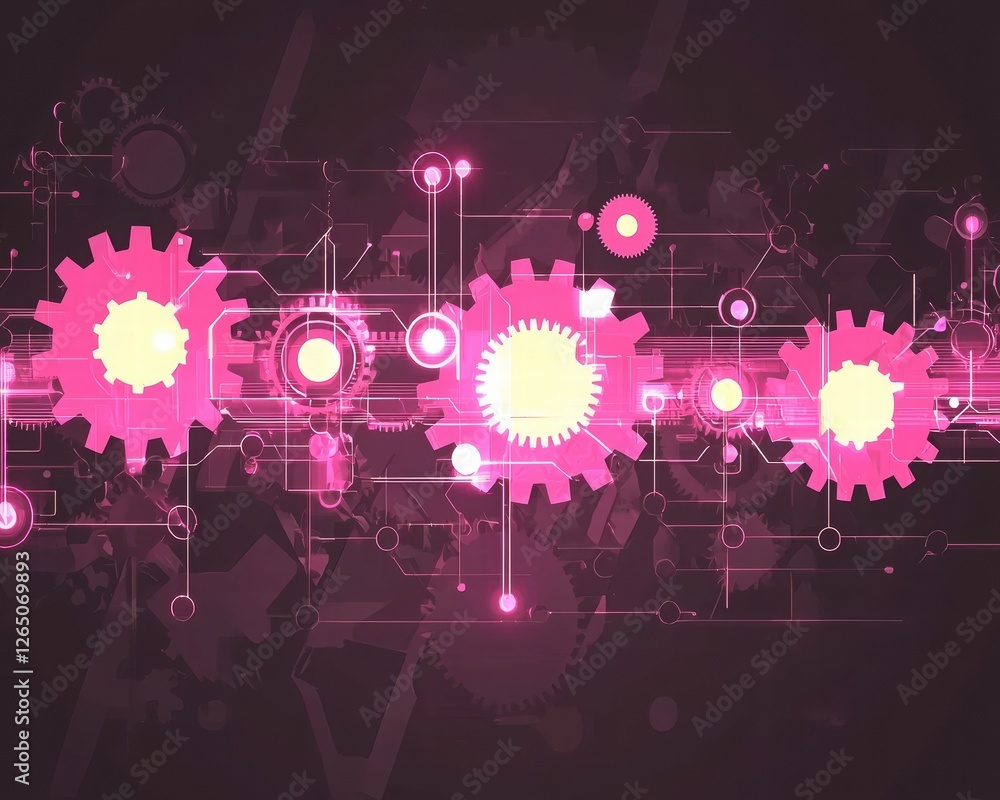 Fototapeta premium Abstract Digital Workflow Featuring Interconnected Gears and Glowing Circuit Design