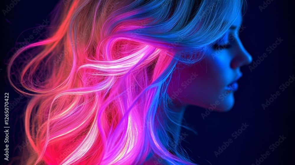 custom made wallpaper toronto digitalA portrait of a woman with flowing hair illuminated by neon hues of pink and blue creates a dynamic, otherworldly aura.