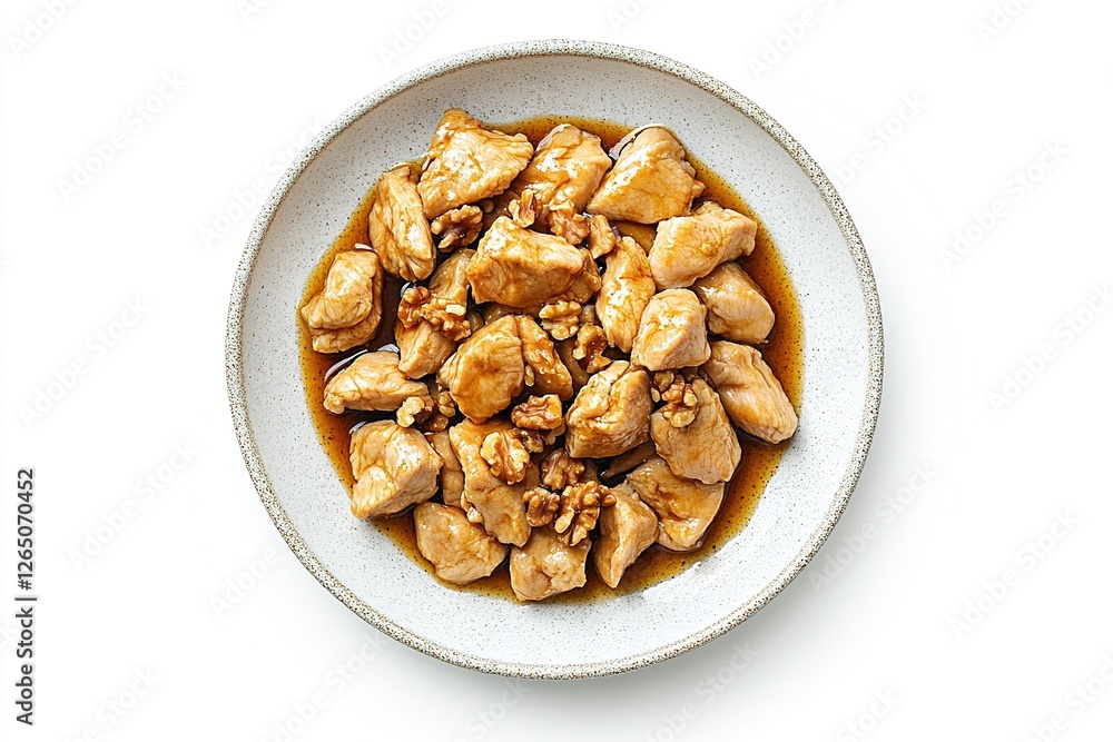 A realistic photograph of chicken and walnuts A realistic photograph of chicken and walnuts