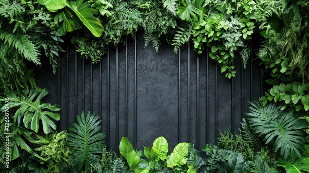 Fototapeta premium Lush Greenery on Dark Wall: A Tropical Paradise