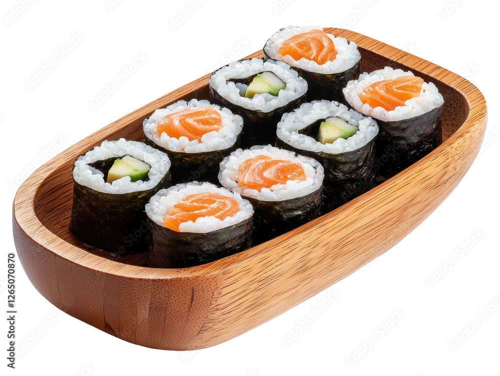 Delicious sushi rolls with salmon and cucumber served in a wooden bowl on a white background. transparent PNG Delicious sushi rolls with salmon and cucumber served in a wooden bowl on a white background. transparent PNG