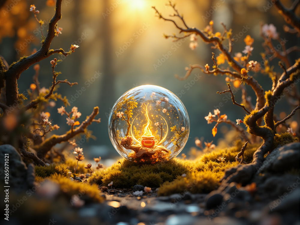 Mystical Crystal Orb with Bonsai Tree and Golden Light in Serene Fantasy Landscape Scene Mystical Crystal Orb with Bonsai Tree and Golden Light in Serene Fantasy Landscape Scene