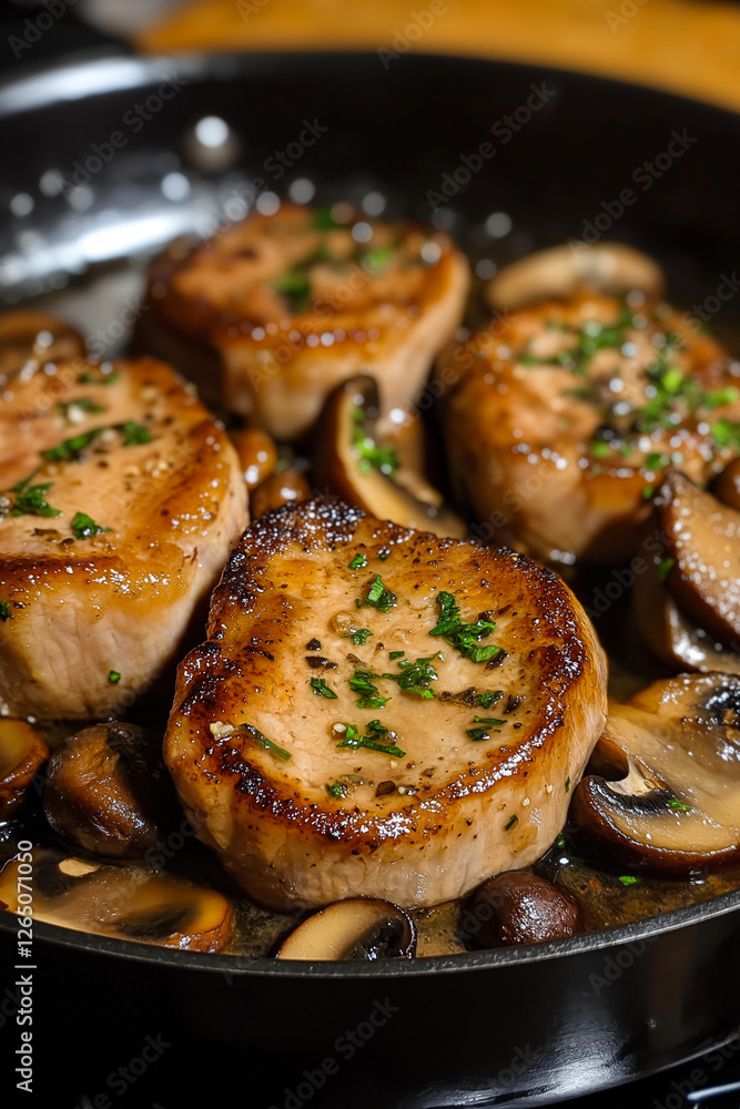 Delicious pan-seared pork chops are garnished with mushrooms and thyme, creating a mouthwatering culinary experience Delicious pan-seared pork chops are garnished with mushrooms and thyme, creating a mouthwatering culinary experience