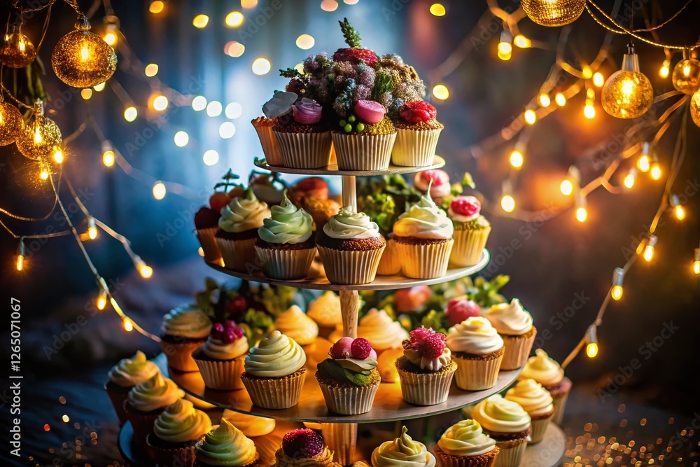 Fototapeta premium Overhead Shot of a Cupcake Wedding Cake at Night - Delicious Dessert Photography