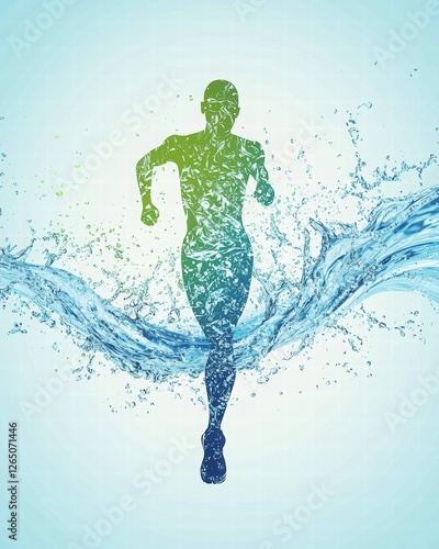 Abstract Representation of Hydration Featuring a Silhouette of a Runner Amidst Splashes of Water
