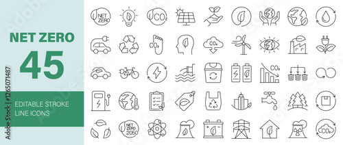 Net Zero Line Editable Icons set. Vector illustration for web and mobile app. Ecology related icons: environment, recycling, green energy, carbon neutral, eco-friendly, climate, green city, and more.