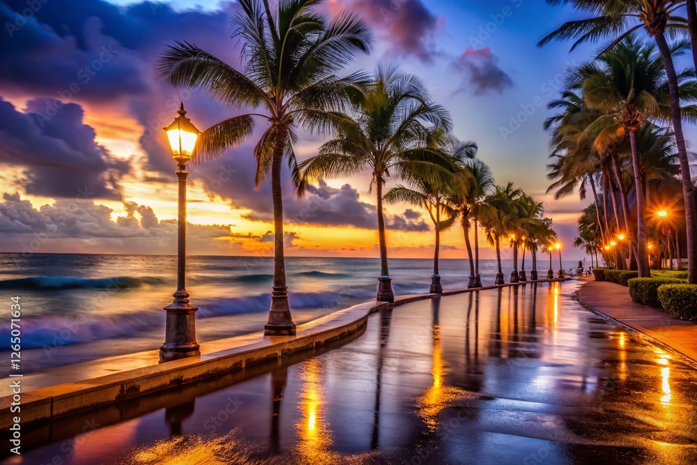 Obraz premium Palm Beach Night Lights: Romantic Low-Light Beach Scene at Dusk